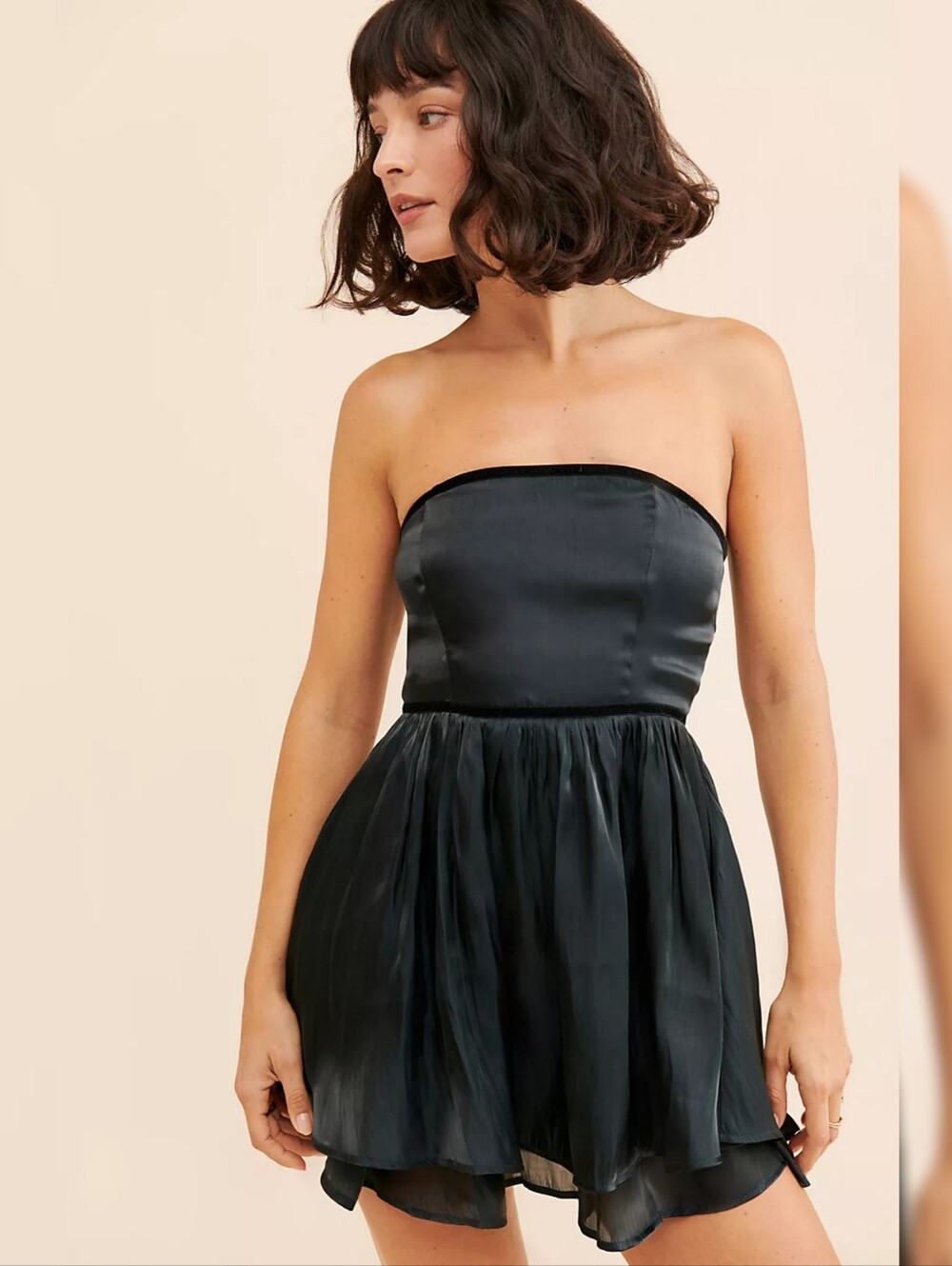 Free People Daisy Strapless Black Satin Fit-and-Flare Dress Women's Size Large